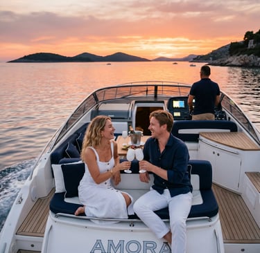 Couple toasting champagne at sunset on private speedboat tour from Split to Hvar Adriatic Croatia