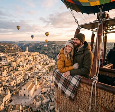 Smiling couple in winter jackets enjoying a sunrise hot air balloon ride over Matera, South Italy.