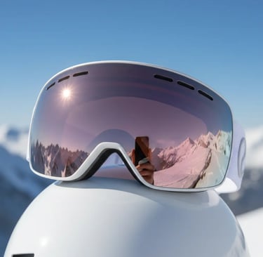 Stylish pink and white ski accessories featuring reflective goggles on a helmet for a chic winter lo