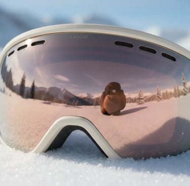 Luxury rose-gold mirrored ski goggles with white strap, essential designer-style ski equipment.