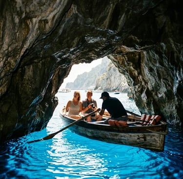 Travelers in a rowboat inside the glowing Blue Grotto cave on Capri