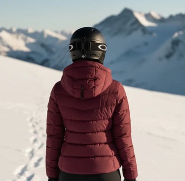 Back view of a deep red women's ski jacket showing the hood and quilted design against a snowy mount