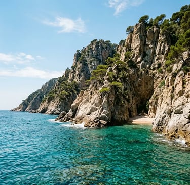 Rugged Costa Brava limestone cliffs rising from turquoise Mediterranean water near a hidden cove