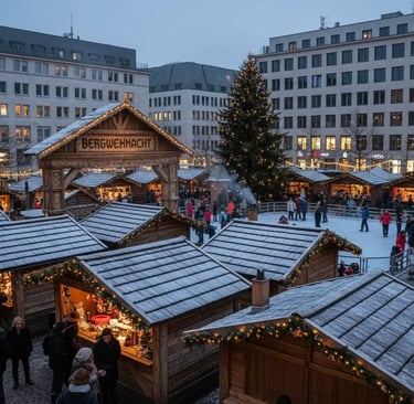 Traditional snow-dusted wooden huts and a tall decorated Christmas tree at the Wels Bergweihnacht ma