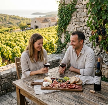  Couple drinking red wine with cheese and charcuterie board at rustic Croatian vineyard