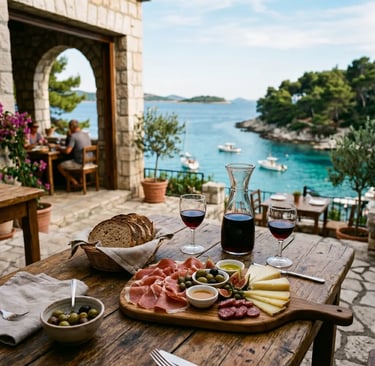 Rustic terrace with wine, charcuterie and sea view on the Pakleni Islands, Croatia