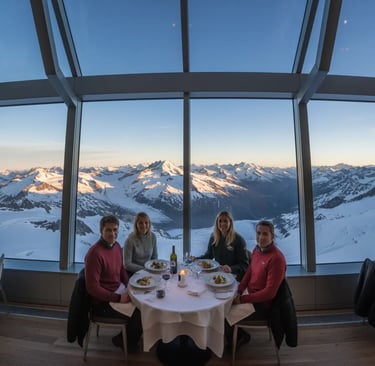 Four people dining at a table in a modern restaurant with floor-to-ceiling windows overlooking a pan