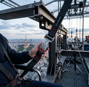 Close-up of Sabelt safety harness clicking into place on Dinner in the Sky platform