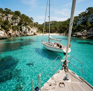 Private sailboat anchored in crystal clear turquoise cove Menorca south coast
