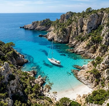 Aerial view of a sailboat anchored in a crystal-clear cove near San Pietro Island