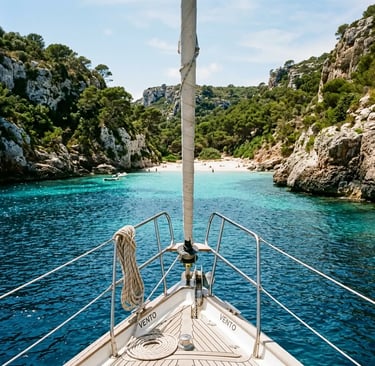 Private sailboat bow entering hidden Cala Trebalúger cove in Menorca