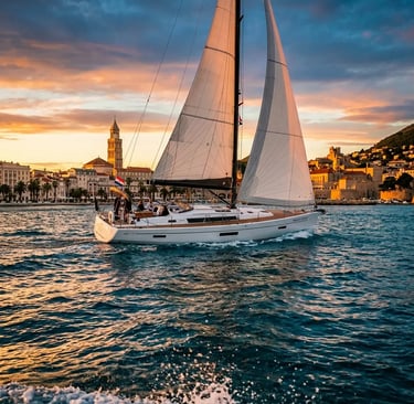 Private sailboat cruising Adriatic Sea with Split cathedral and old town skyline at sunset