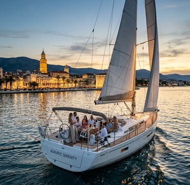Private sailboat cruising past Split Croatia waterfront at golden sunset with guests onboard