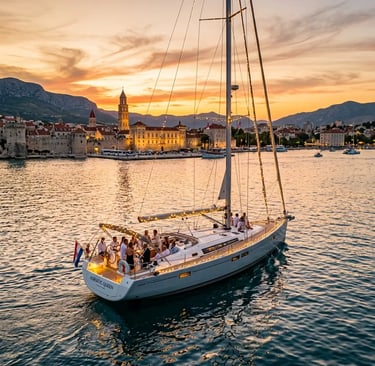 Private sailboat party cruising along Split Croatia waterfront at golden hour sunset