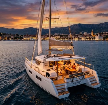 Private sailboat party with guests enjoying twilight cruise near Split Croatia waterfront