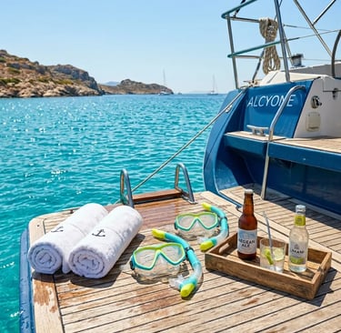 All-inclusive sailboat swim platform with towels snorkels and cold drinks