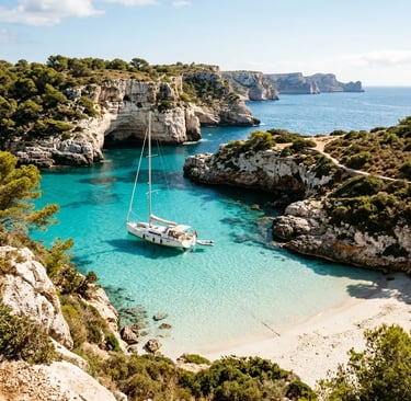 Private sailboat anchored in empty hidden cove along Menorca south coastline