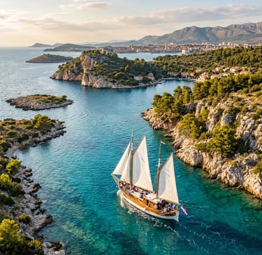 Traditional wooden sailing boat cruising turquoise waters near Split Croatia Dalmatian islands