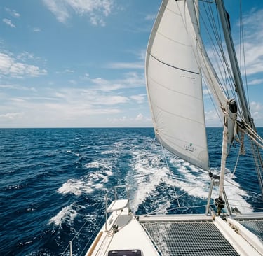Catamaran under full sail crossing open blue Mediterranean sea near Menorca