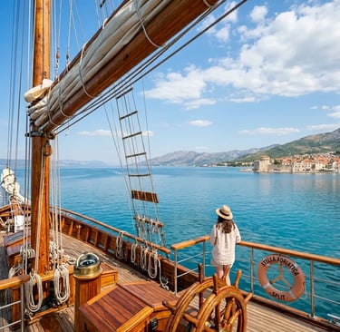 Woman standing on the deck of a famous Croatian sailing boat overlooking Kastela Bay