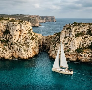 Private sailing yacht entering dramatic hidden cove on Menorca south coast
