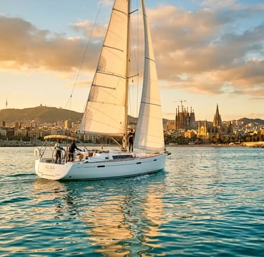 Sailing yacht cruising along Barcelona coastline with Sagrada Família at golden hour