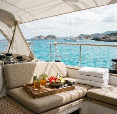 Shaded yacht cockpit with cold drinks fresh fruit and towels on Menorca sailing trip