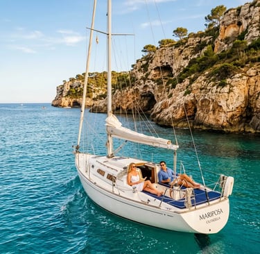 Couple relaxing on private sailing yacht near limestone cliffs in Cala Galdana Menorca