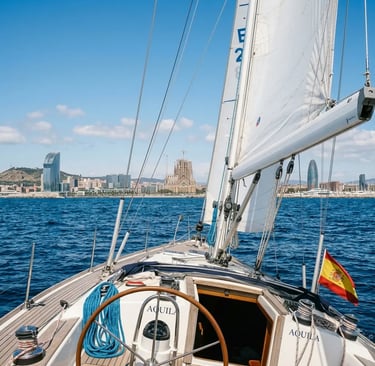 Cockpit view from sailing yacht offshore Barcelona with Sagrada Familia and Torre Glòries