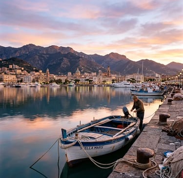Salerno harbor at sunrise with traditional fishing boat and mountains in background
