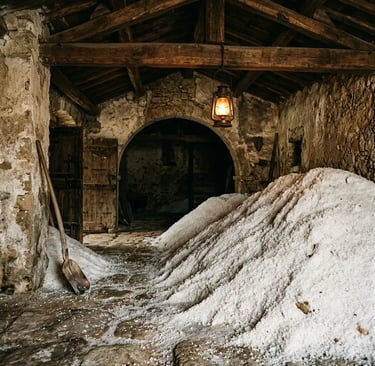 Coarse sea salt piles inside 19th-century stone storage room at Carloforte tonnara