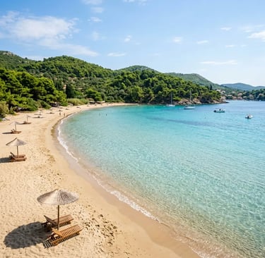 Sunj beach Lopud, the only sandy bay in the Elaphiti Islands near Dubrovnik