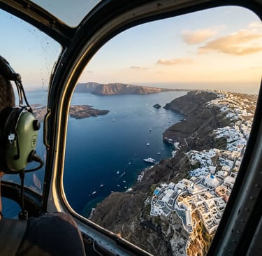 Santorini caldera and white villages seen from helicopter cockpit at golden hour