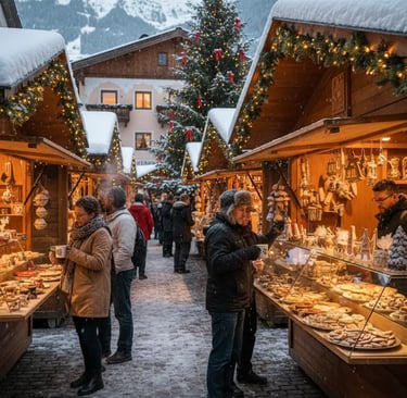 A charming traditional European Christmas market with wooden stalls, festive lights, and a large dec