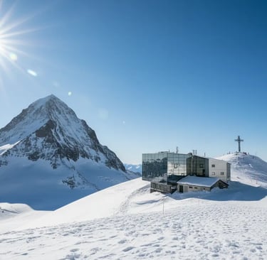 A modern glass building on the snowy slopes of the Sölden glacier, captured under a clear blue sky i