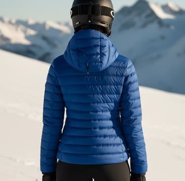 Back view of a sapphire blue women's puffer jacket showing the hood design and quilted pattern on th