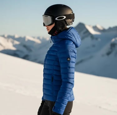 Front view of a woman wearing a stylish sapphire blue ski jacket paired with black ski pants and a h