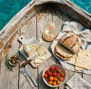 Sardinian pecorino cheese, bread, tomatoes, and Vermentino wine served on wooden boat deck