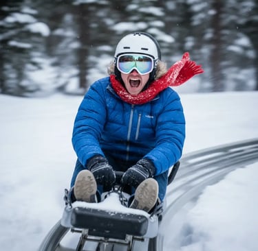 A woman in a blue jacket and ski goggles laughing while speeding down a mountain coaster in the Aust