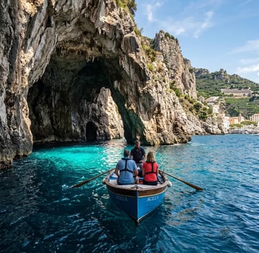 Small boat approaching a natural rock arch with turquoise water on the Amalfi Coast