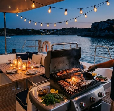 Seafood grilling on gas BBQ aboard catamaran at dusk in Menorca cove