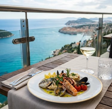 Gourmet seafood dish with white wine overlooking Dubrovnik Adriatic coastline