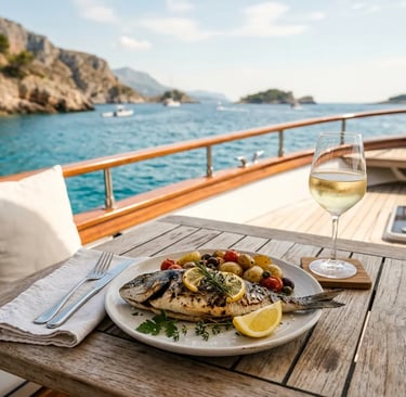 Grilled Mediterranean fish with white wine served on luxury yacht deck in Adriatic cove
