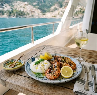 Grilled prawns and burrata served on a luxury yacht deck with Amalfi Coast views