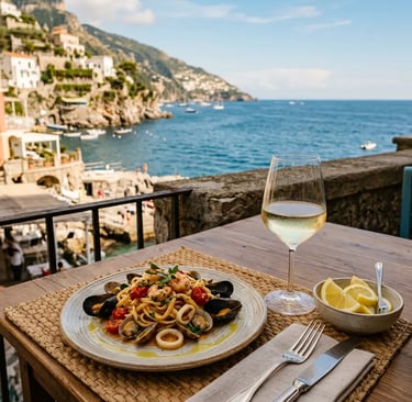 Seafood pasta and white wine at waterfront restaurant overlooking the Amalfi Coast
