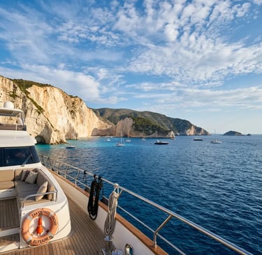 Luxury yacht deck view of Zakynthos limestone cliffs and turquoise Ionian Sea waters