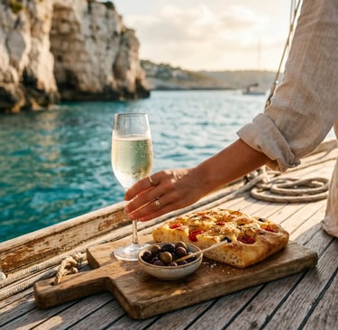 Chilled prosecco glass with focaccia and olives on wooden boat deck near Puglia sea cliffs