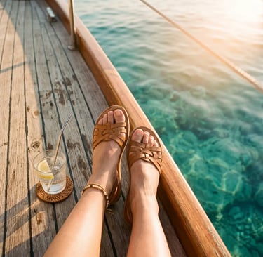 Traveler relaxing on wooden deck with sparkling water over turquoise Adriatic Sea in Polignano