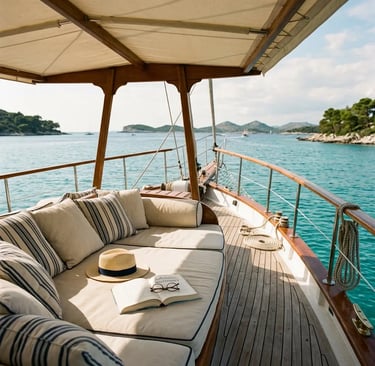 Shaded lounger with soft cushions and sun hat on teak deck of classic Adriatic boat