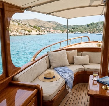 Shaded teak lounge area with deep linen cushions aboard a classic wooden boat on the Adriatic